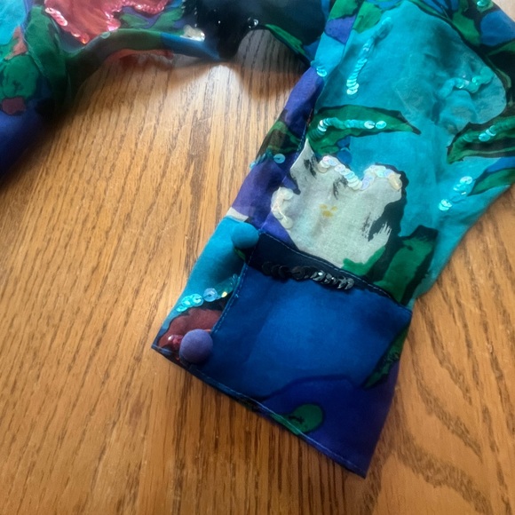 Vintage Francesca of Damon Silk Sequin Semi Sheer Blouse Size 10 Blue Black - Picture 4 of 8